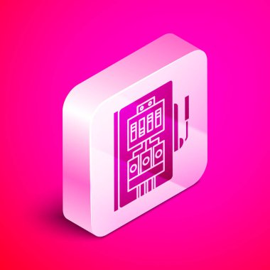 Pembe arka planda izole edilmiş Isometric Elektrik panel simgesi. Gümüş kare düğme. Vektör İllüstrasyonu