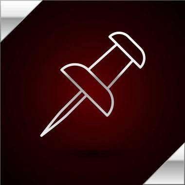 Gümüş çizgi. Pin simgesi koyu kırmızı arka planda izole edildi. Raptiye işareti. Vektör İllüstrasyonu