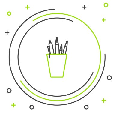 Siyah ve yeşil çizgi Kalem kasa kırtasiye simgesi beyaz arka plan üzerinde izole. Kalem, kalem, ofis için bir bardak cetvel. Renkli anahat konsepti. Vektör İllüstrasyonu