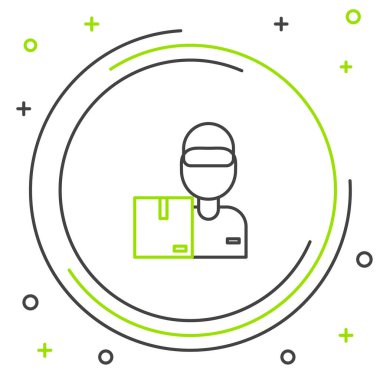 Siyah ve yeşil çizgili karton kutu ikonu olan teslimatçı beyaz arka planda izole edilmiş. Kuryeyle kapı kapı dolaşacağız. Renkli taslak konsepti. Vektör İllüstrasyonu