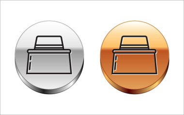 Beyaz arka planda izole edilmiş şapka ikonuna sahip siyah çizgi arıcısı. Özel koruyucu üniforma. Gümüş-altın halka düğmesi. Vektör İllüstrasyonu