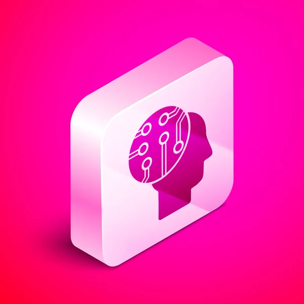 Isometrisches menschliches Gehirn als digitales Leiterplattensymbol isoliert auf rosa Hintergrund. menschliche Kopfkontur mit Schaltkreisen im Inneren. Silberner quadratischer Knopf. Vektorillustration — Stockvektor