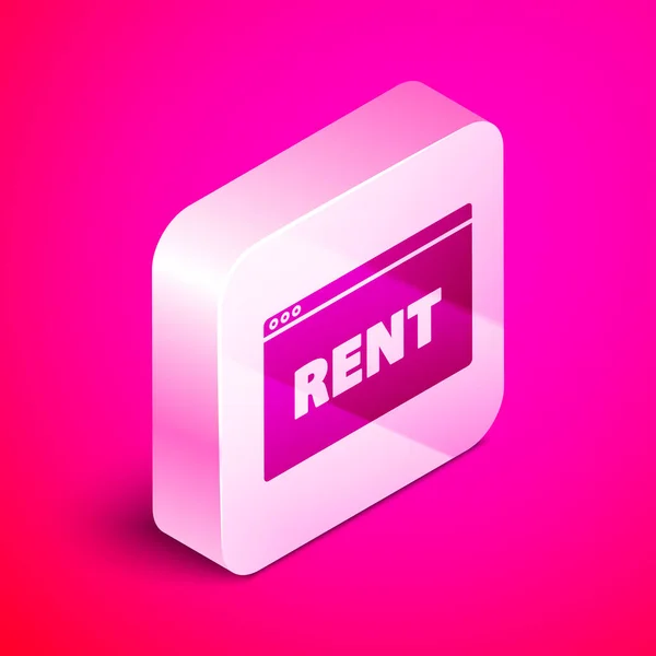 Izometrikus akasztójel szöveggel Online Rent icon isolated on pink background. Felirat szöveges bérleti díjjal. Ezüst négyzet gomb. Vektorillusztráció — Stock Vector