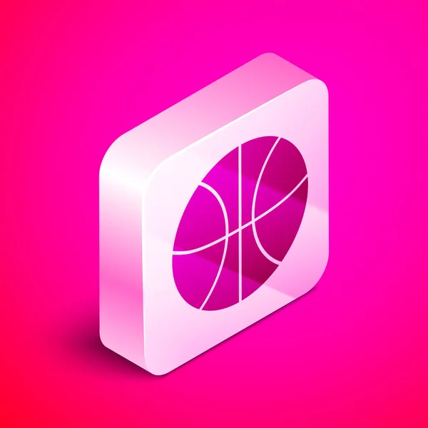 Icono isométrico de la pelota de baloncesto aislado sobre fondo rosa. Símbolo deportivo. Botón cuadrado plateado. Ilustración vectorial — Vector de stock