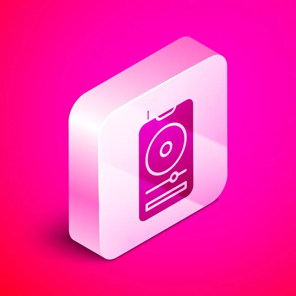 Icono del reproductor de música isométrico aislado sobre fondo rosa. Dispositivo de música portátil. Botón cuadrado plateado. Ilustración vectorial — Vector de stock