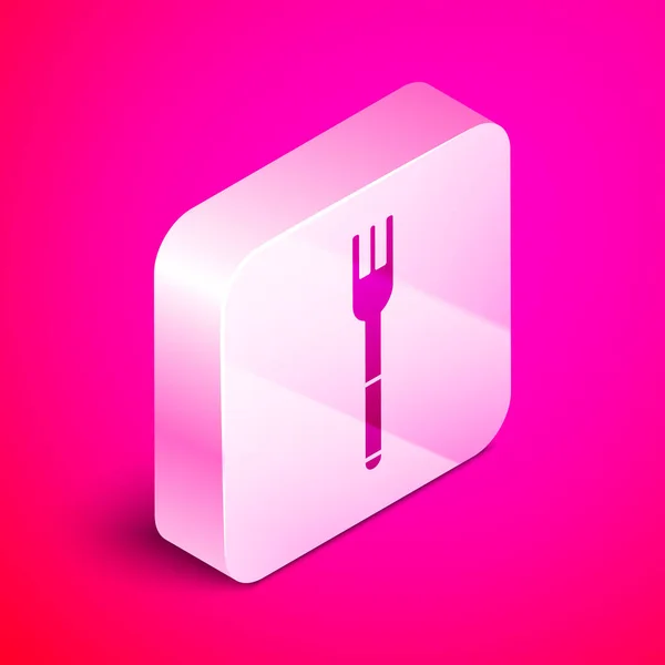 Icono de tenedor isométrico aislado sobre fondo rosa. Símbolo de cubertería. Botón cuadrado plateado. Ilustración vectorial — Archivo Imágenes Vectoriales