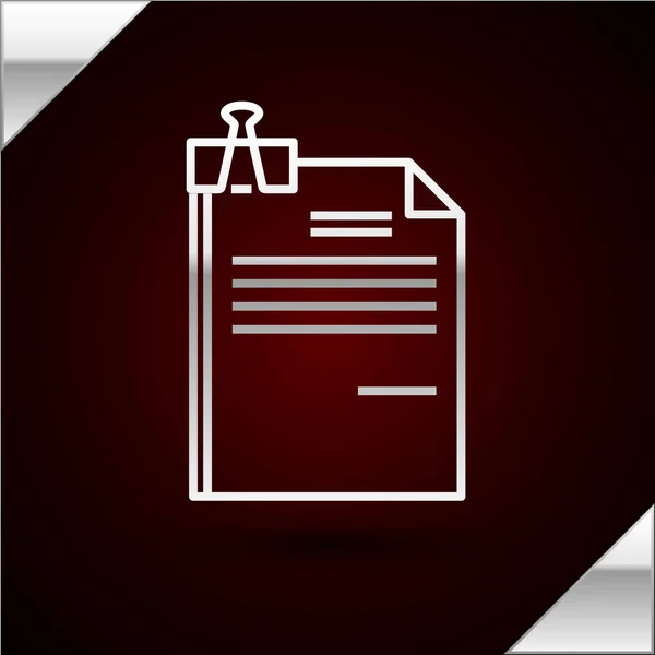 Línea de plata Documento de archivo y el icono del clip aglutinante aislados sobre fondo rojo oscuro. Icono de lista de verificación. Concepto de negocio. Ilustración vectorial — Vector de stock