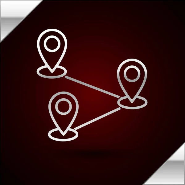 Silver line Route location icon isolated on dark red background. Map pointer sign. Concept of path or road. GPS navigator. Vector Illustration — ストックベクタ