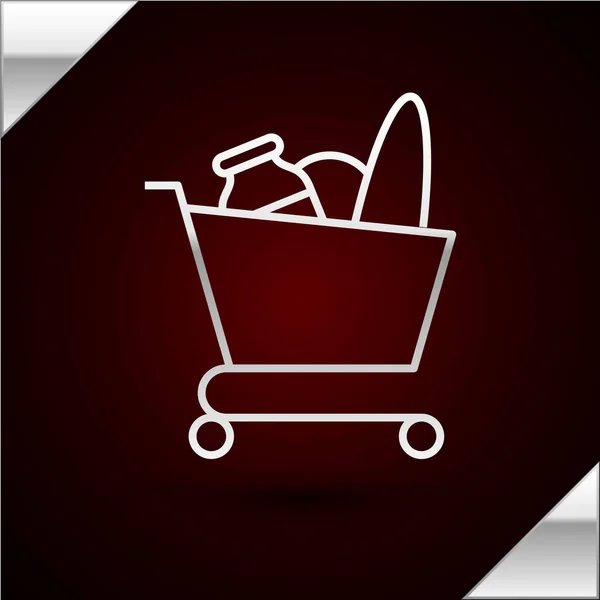 Linha de prata Carrinho de compras e ícone de comida isolado no fundo vermelho escuro. Loja de comida, supermercado. Ilustração vetorial —  Vetores de Stock