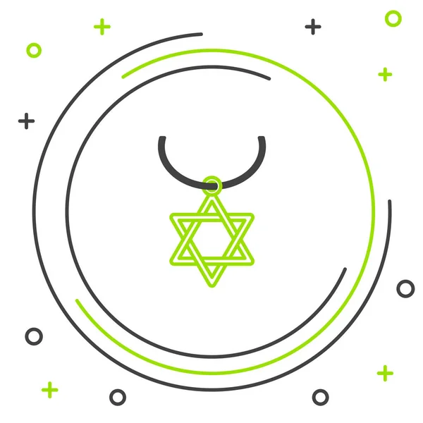 Black and green line Star of David necklace on chain icon isolated on white background. Jewish religion symbol. Symbol of Israel. Jewellery and accessory. Colorful outline concept. Vector Illustration — Stock Vector