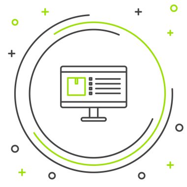 Beyaz arkaplanda izole edilmiş uygulama dağıtım ikonu olan siyah ve yeşil çizgi bilgisayar monitörü. Paket takibi. Renkli taslak konsepti. Vektör İllüstrasyonu