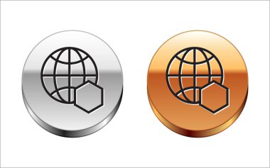 Siyah çizgi bal peteği haritası beyaz arkaplanda izole edilmiş. Dünya arısı günü. Ekolojik olay kavramı. Gümüş-altın halka düğmesi. Vektör İllüstrasyonu