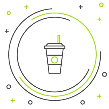 Siyah ve yeşil çizgi kahve fincanı simgesi beyaz arkaplanda izole edilmiş. Tek kullanımlık kahve bardağı ve sıcak kahve. Renkli taslak konsepti. Vektör İllüstrasyonu