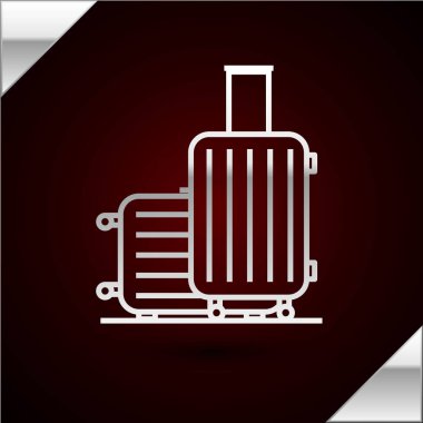 Seyahat simgesi için gümüş çizgili bavul koyu kırmızı arka planda izole edilmiş. Seyahat bagaj tabelası. Seyahat bagaj ikonu. Vektör İllüstrasyonu