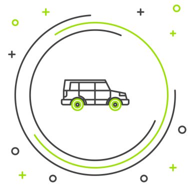 Siyah ve yeşil çizgi off road car ikonu beyaz arka planda izole edildi. Cip işareti. Renkli taslak konsepti. Vektör İllüstrasyonu