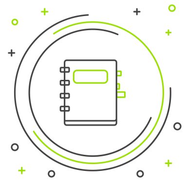 Siyah ve yeşil çizgi Not Defteri simgesi beyaz arkaplanda izole edildi. Spiral not defteri simgesi. Okul defteri. Yazı tahtası. Okul günlüğü. Renkli taslak konsepti. Vektör İllüstrasyonu