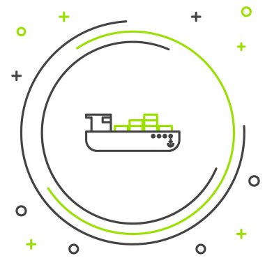 Siyah ve yeşil çizgili kargo gemisi beyaz arka planda kutu teslimat servis simgesi ile. Teslimat, ulaşım. Paketleri, kutuları, malları olan bir şilep. Renkli taslak konsepti. Vektör İllüstrasyonu