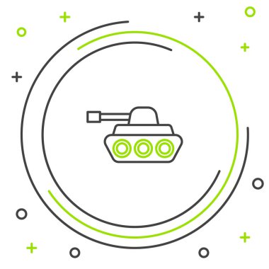 Siyah ve yeşil çizgi askeri tank ikonu beyaz arka planda izole edildi. Renkli taslak konsepti. Vektör İllüstrasyonu