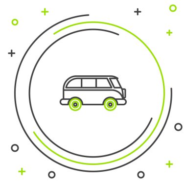 Siyah ve yeşil çizgili Retro minivan simgesi beyaz arkaplanda izole edildi. Eski klasik seyahat minibüsü. Renkli taslak konsepti. Vektör İllüstrasyonu