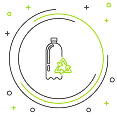 Siyah ve yeşil çizgi, beyaz arka planda izole edilmiş plastik şişe simgesini geri dönüştürme. Renkli taslak konsepti. Vektör İllüstrasyonu