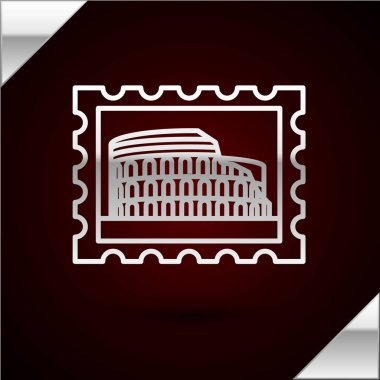 Gümüş çizgili posta pulu ve koyu kırmızı arka planda izole edilmiş Coliseum simgesi. Kolezyum işareti. Antik Roma 'nın sembolü, gladyatör dövüşleri. Vektör İllüstrasyonu