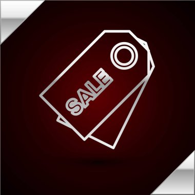Gümüş çizgili Price etiketi ve koyu kırmızı arka planda izole edilmiş bir satış simgesi. Rozet fiyatına. Reklam etiketi indirimi. Vektör İllüstrasyonu