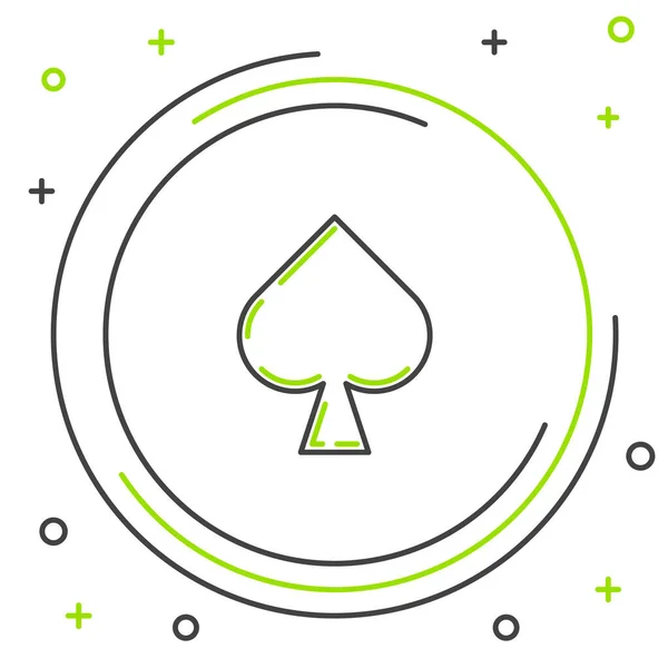 Línea negra y verde Jugando a las cartas con símbolos de picas aislados sobre fondo blanco. Juego de casino. Concepto de esquema colorido. Ilustración vectorial — Archivo Imágenes Vectoriales