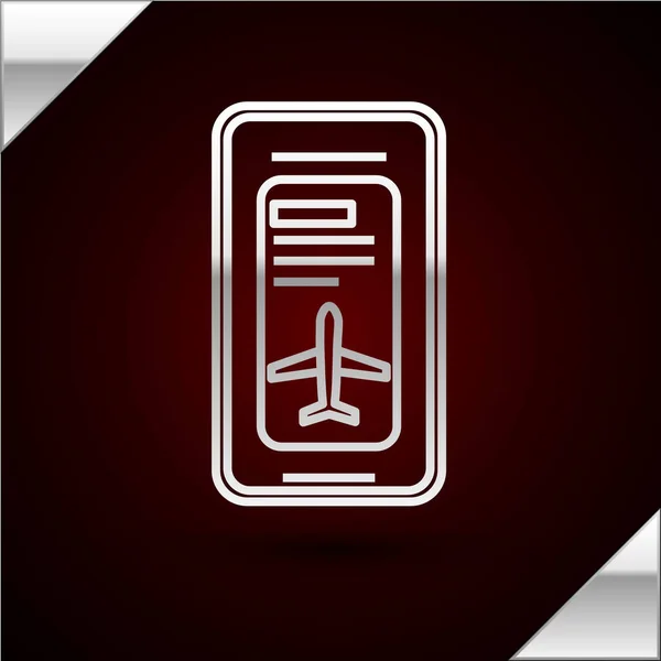 Ασημένια γραμμή Smartphone με ηλεκτρονική κάρτα επιβίβασης εικονίδιο αεροπορικού εισιτηρίου απομονωμένο σε σκούρο κόκκινο φόντο. Επιβατικό αεροπορικό εισιτήριο για web και app. Εικονογράφηση διανύσματος — Διανυσματικό Αρχείο
