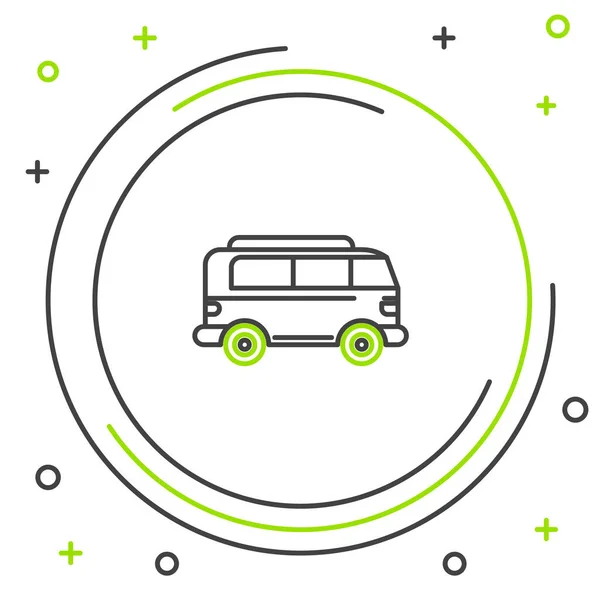 Linha preta e verde Ícone minivan retro isolado no fundo branco. Velho clássico retro viajando van. Conceito de esboço colorido. Ilustração vetorial — Vetor de Stock