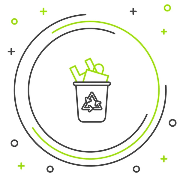 Linha preta e verde Lixeira com ícone de símbolo de reciclagem isolado no fundo branco. Ícone da lata de lixo. Sinal de lixeira. Sinal de cesta de reciclagem. Conceito de esboço colorido. Ilustração vetorial — Vetor de Stock