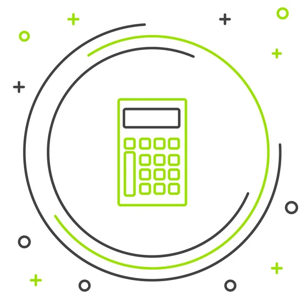 Icona calcolatrice linea nera e verde isolata su sfondo bianco. Simbolo contabile. Calcoli aziendali educazione matematica e finanza. Concetto di contorno colorato. Illustrazione vettoriale — Vettoriale Stock