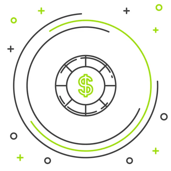 Chip de casino de linha preta e verde com ícone de símbolo de dólar isolado no fundo branco. Jogo de casino. Conceito de esboço colorido. Ilustração vetorial — Vetor de Stock