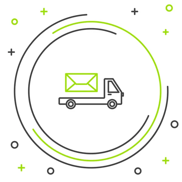 Ikon truk Pos garis hitam dan hijau terisolasi dengan latar belakang putih. Mobil surat. Kendaraan transportasi truk dengan amplop atau surat. Konsep garis luar berwarna. Ilustrasi Vektor - Stok Vektor
