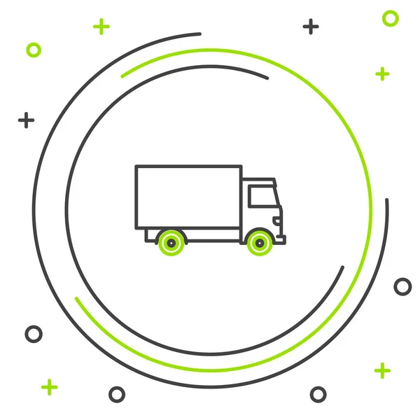 Línea negra y verde Icono de camión de carga de entrega aislado sobre fondo blanco. Concepto de esquema colorido. Ilustración vectorial — Archivo Imágenes Vectoriales