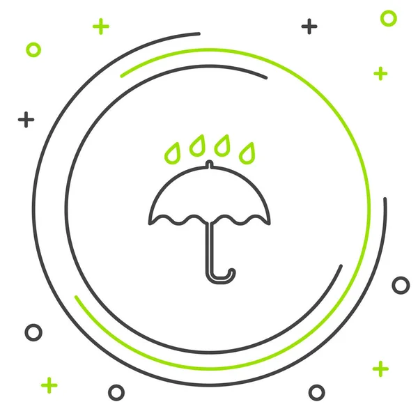 Línea negra y verde Paraguas y gotas de lluvia icono sobre fondo blanco. Icono impermeable. Protección, seguridad, concepto de seguridad. Símbolo resistente al agua. Concepto de esquema colorido. Ilustración vectorial — Vector de stock