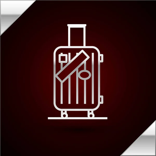 Silberner Reisekoffer und Sticker-Symbol isoliert auf dunkelrotem Hintergrund. Reisegepäckzeichen. Reisegepäcksymbol. Vektorillustration — Stockvektor