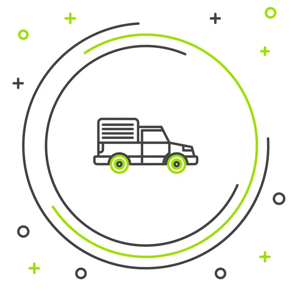 Ligne noire et verte Livraison camion cargo icône du véhicule isolé sur fond blanc. Concept de contour coloré. Illustration vectorielle — Image vectorielle