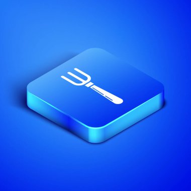 Mavi arka planda yalıtılmış izometrik çatal simgesi. Çatal bıçak sembolü. Mavi kare düğmesi. Vektör Illustration