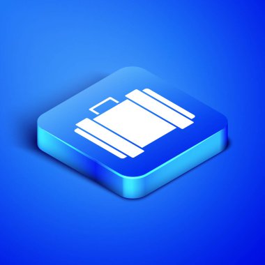 Mavi arka planda izole edilmiş mermi ikonu olan Isometric Askeri mühimmat kutusu. Mavi kare düğme. Vektör İllüstrasyonu