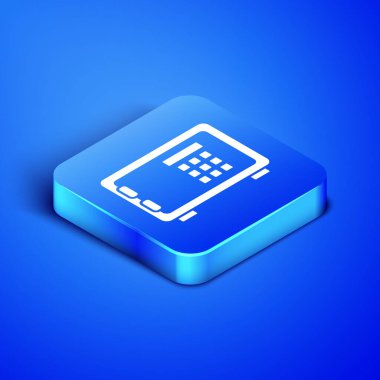 Mavi arka planda yalıtılmış izometrik güvenli simgesi. Kapı, bir kilit ile bir banka kasası güvenli. Güvenilir veri koruması. Mavi kare düğmesi. Vektör Illustration