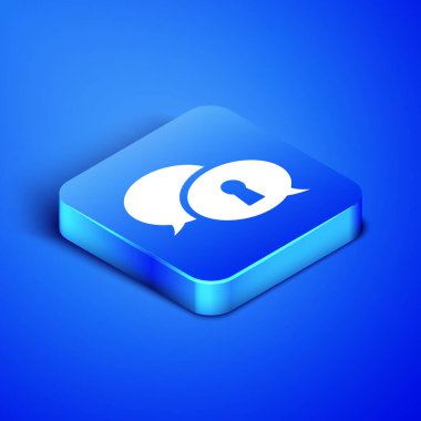 Kişisel veri simgesinin Isometric Korunması mavi arkaplanda izole edildi. Konuşma balonu ve anahtar. Mavi kare düğme. Vektör İllüstrasyonu