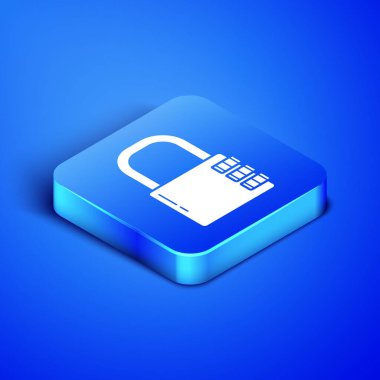 Isometric Güvenli kombinasyon kilidi simgesi mavi arkaplanda izole edildi. Kombinasyon asma kilit. Güvenlik, güvenlik, koruma, şifre, gizlilik. Mavi kare düğme. Vektör İllüstrasyonu