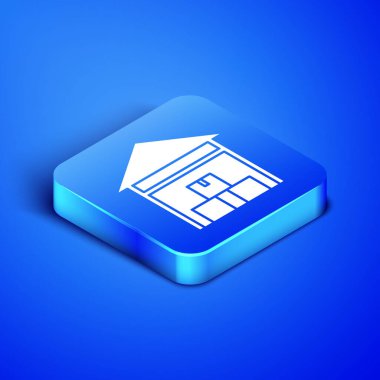 Isometric Depo simgesi mavi arkaplanda izole edildi. Mavi kare düğme. Vektör İllüstrasyonu
