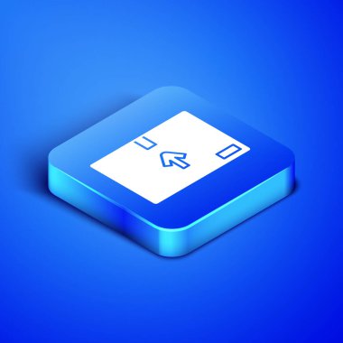 Mavi zemin üzerinde trafik sembolü simgesi olan Isometric Mukavva Kutusu. Kutu, paket, paket işareti. Teslimat, ulaşım ve nakliye. Mavi kare düğme. Vektör İllüstrasyonu