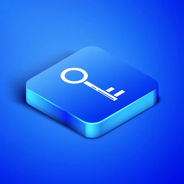 Ícone de chave isométrica isolado no fundo azul. Botão quadrado azul. Ilustração vetorial —  Vetores de Stock