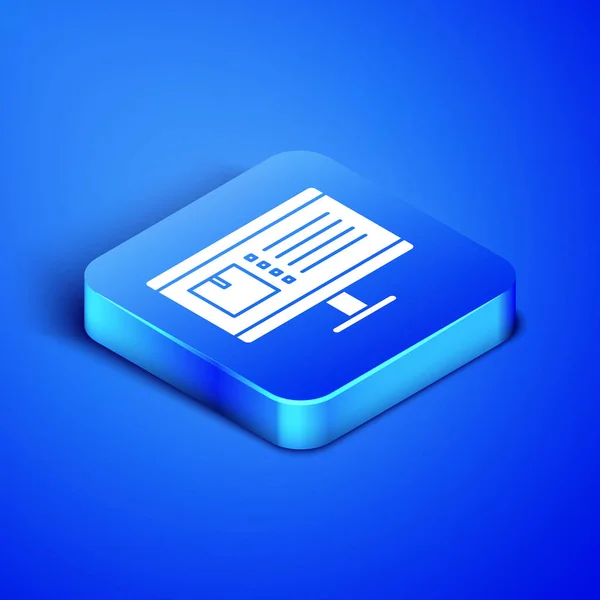 Isometrischer Computermonitor mit App-Tracking-Symbol auf blauem Hintergrund. Paketverfolgung. blauer quadratischer Knopf. Vektorillustration — Stockvektor