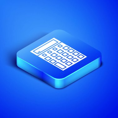 Mavi arka planda yalıtılmış izometrik hesaplama simgesi. Muhasebe sembolü. İş hesaplamaları matematik eğitimi ve finans. Mavi kare düğmesi. Vektör Illustration