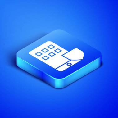 Mavi arka planda kalkan simgesi olan Isometric cep telefonu. Akıllı telefon sigortası. Güvenlik, güvenlik, koruma, konsept koruma. Mavi kare düğme. Vektör İllüstrasyonu