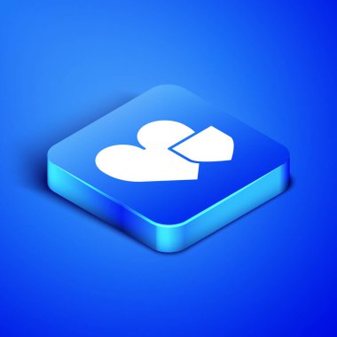 Mavi arka planda izole edilmiş kalkan simgesi olan Isometric Heart. Aşk sembolü. Sigorta konsepti. Güvenlik, güvenlik, koruma, konsept koruma. Mavi kare düğme. Vektör İllüstrasyonu