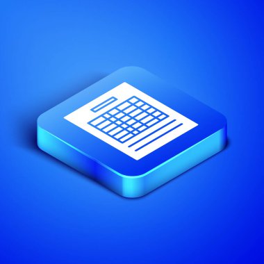 Isometric Report dosya simgesi mavi arkaplanda izole edildi. Kontrol listesi simgesi. İş konsepti. Mavi kare düğme. Vektör İllüstrasyonu